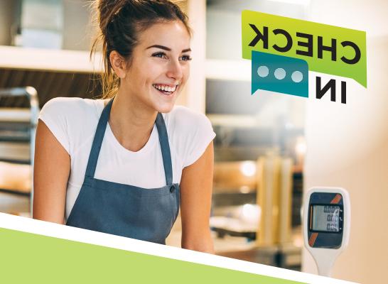 Female retail worker wearing apron smiling Text says 